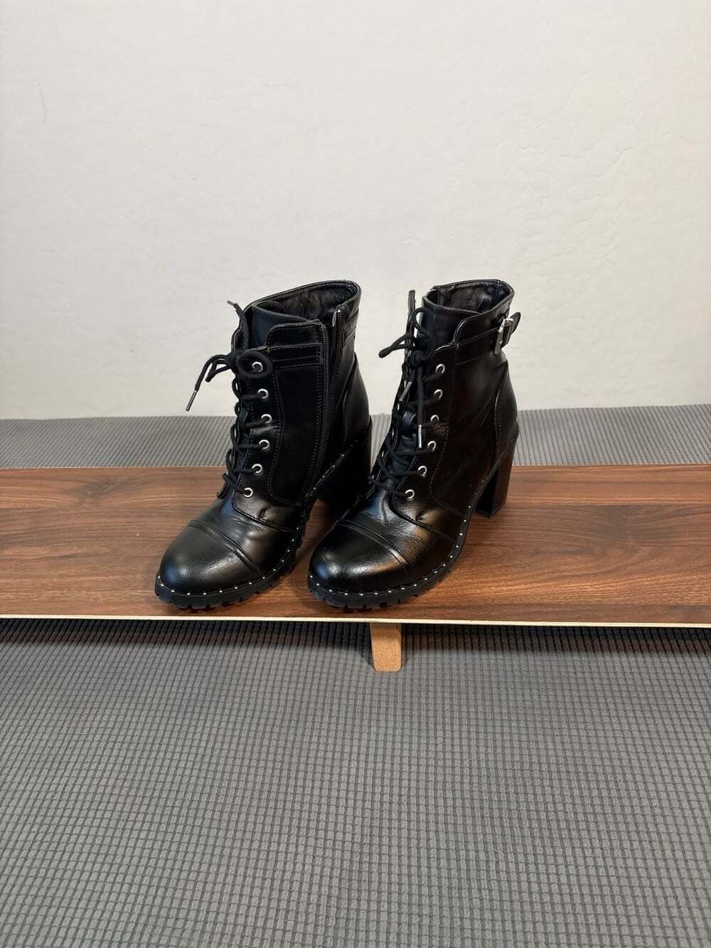 Diba Women's Carryn Black Studded Lace-Up Heeled Combat Ankle Boots